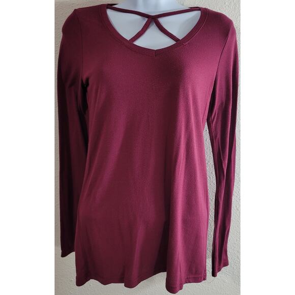 Poof Burgundy Crisscross Bodice V-Neck Top Small Soft Lightweight Long Sleeves - Picture 1 of 3